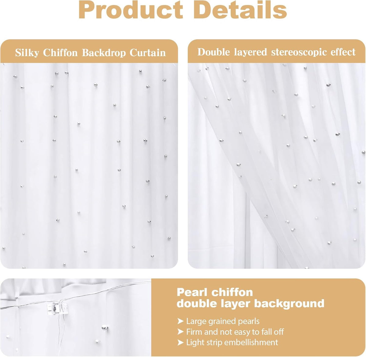 GUANSEN 10 8FT * White Pearl Tulle Double Layered Backdrop Curtain with Lights String and Lining Fabric for Wedding