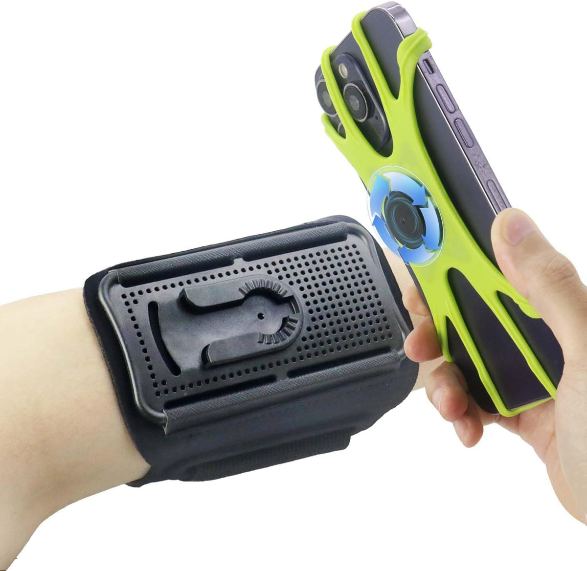 Wristband Phone Holder for Running, 360°Rotation & Detachable Sports Armband with Key Holder for iPhone 16/15/14/13/12/Pro/Pro Max/XS/XR/X/8/7/6/Plus, Fits 4.5-7 Inch Smartphones (Green)