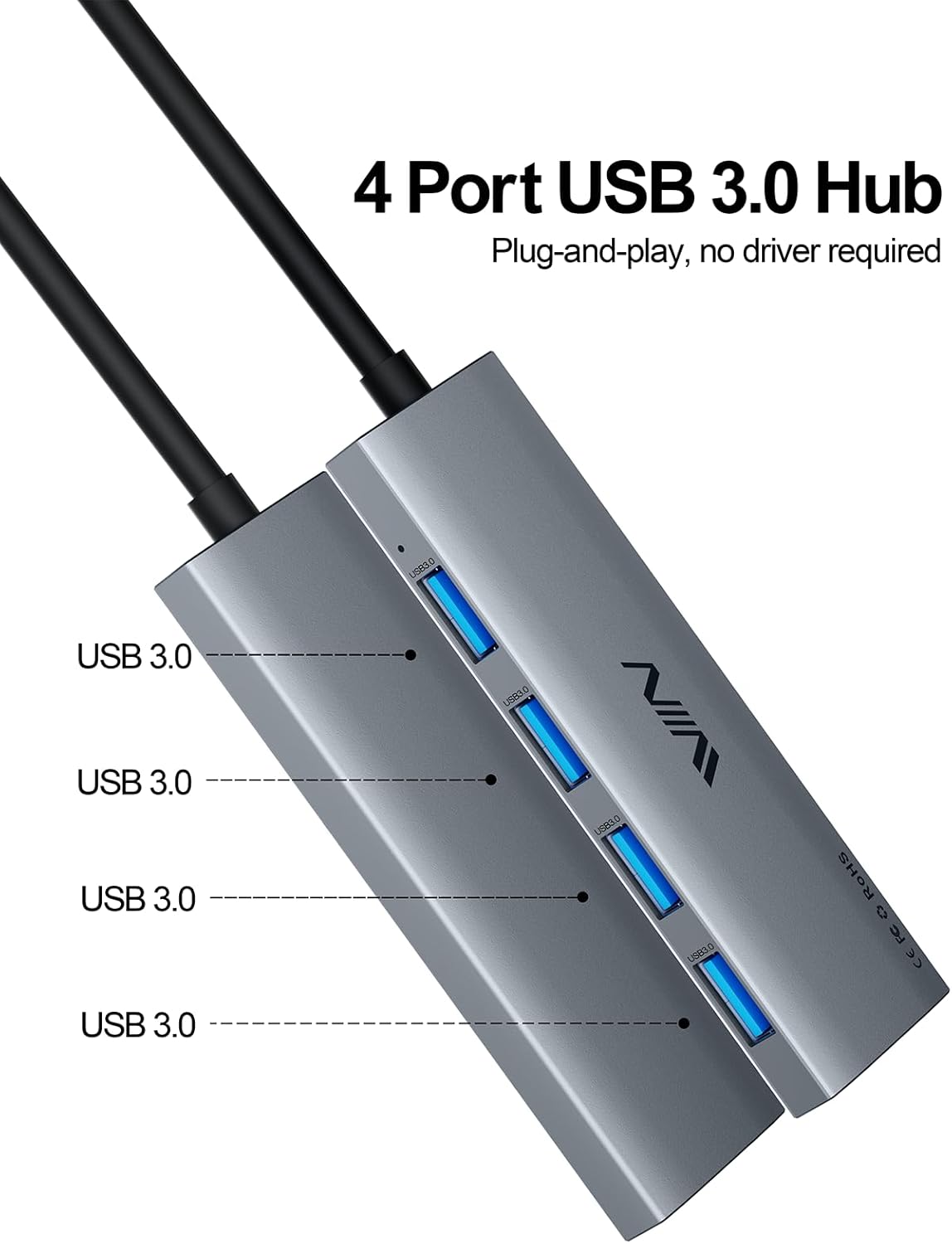 USB 3.0 Hub,4 Port USB Splitter Extender Portable Adapter Multiport Data Hub for Laptop,Xbox, Flash Drive,HDD,Console,Camera,Keyborad,Mouse Windows,Mac OS PC,Not Designed to Charge Devices-Grey
