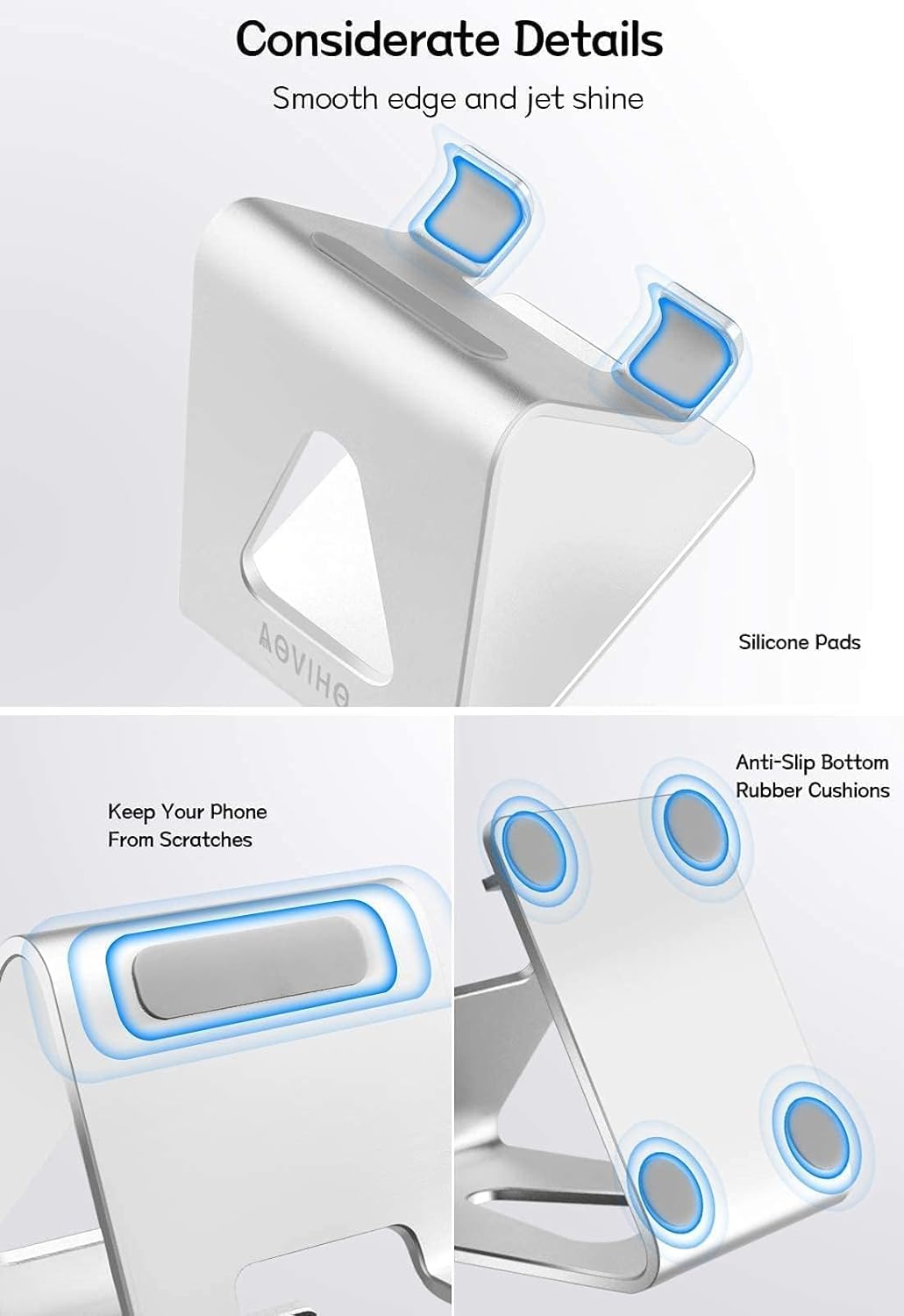 Cell Phone Stand for Desk, Desktop Phone Holder, Aluminum Mobile Phone Stand for iPhone 15 14 13 12 pro Mini 11 X Xr Xs max 8 7 6 6s Plus Samsung Galaxy S21 Ultra All Smart Phones,Silver
