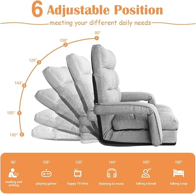 Floor Gaming Chair 6 Position Adjustable Indoor Chaise Lounge for Teens Adults Padded Folding Sofa with Armrests and Pillow Comfy Chair for Meditation Reading Light Grey