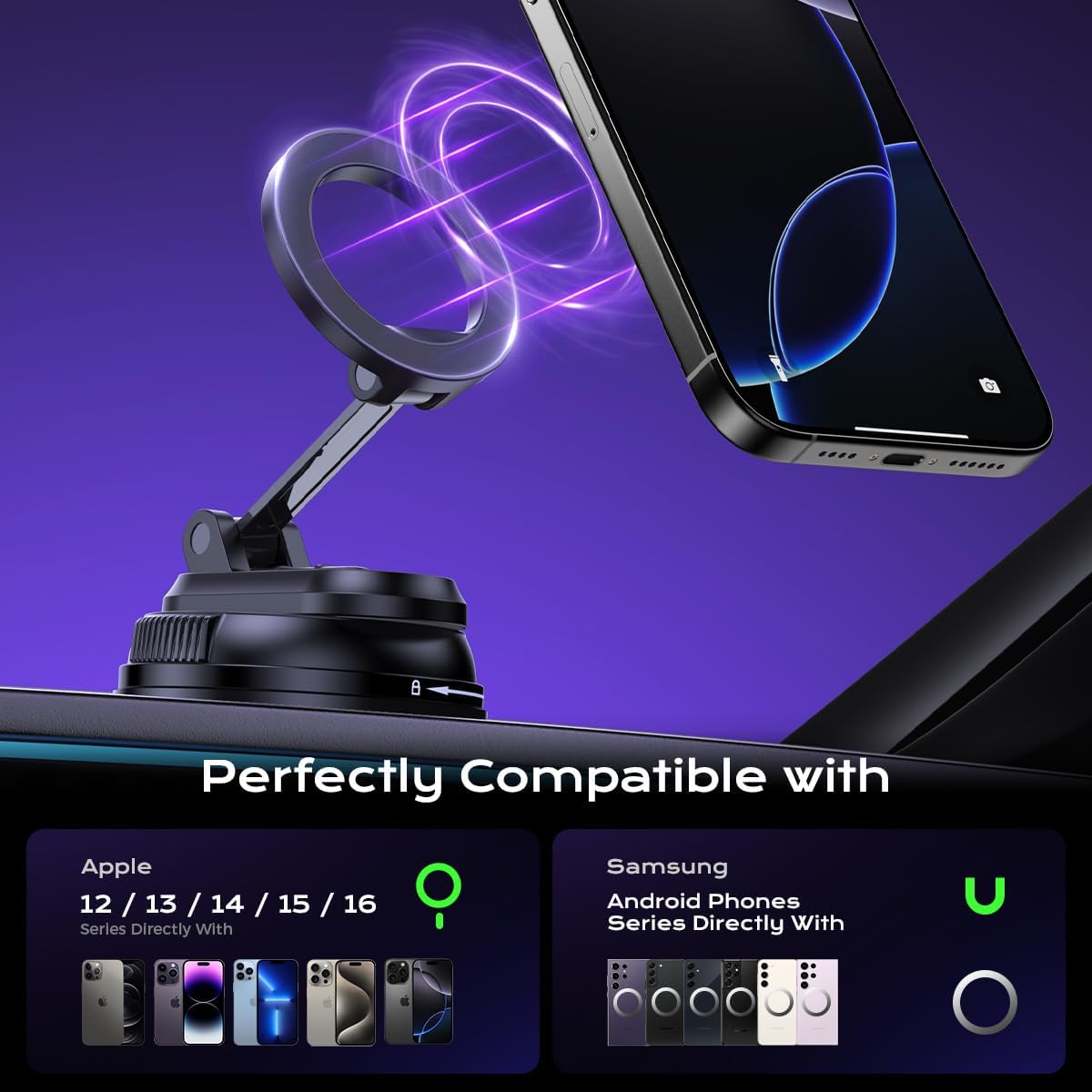Magnetic Car Phone Holder,360° Rotation Strong Suction Car Phone Mount Detachable Vacuum Suction Phone holder Foldable Cellphone Stand for iPhone 16 15 14 13 12 Series and All Magsafe Smartphones