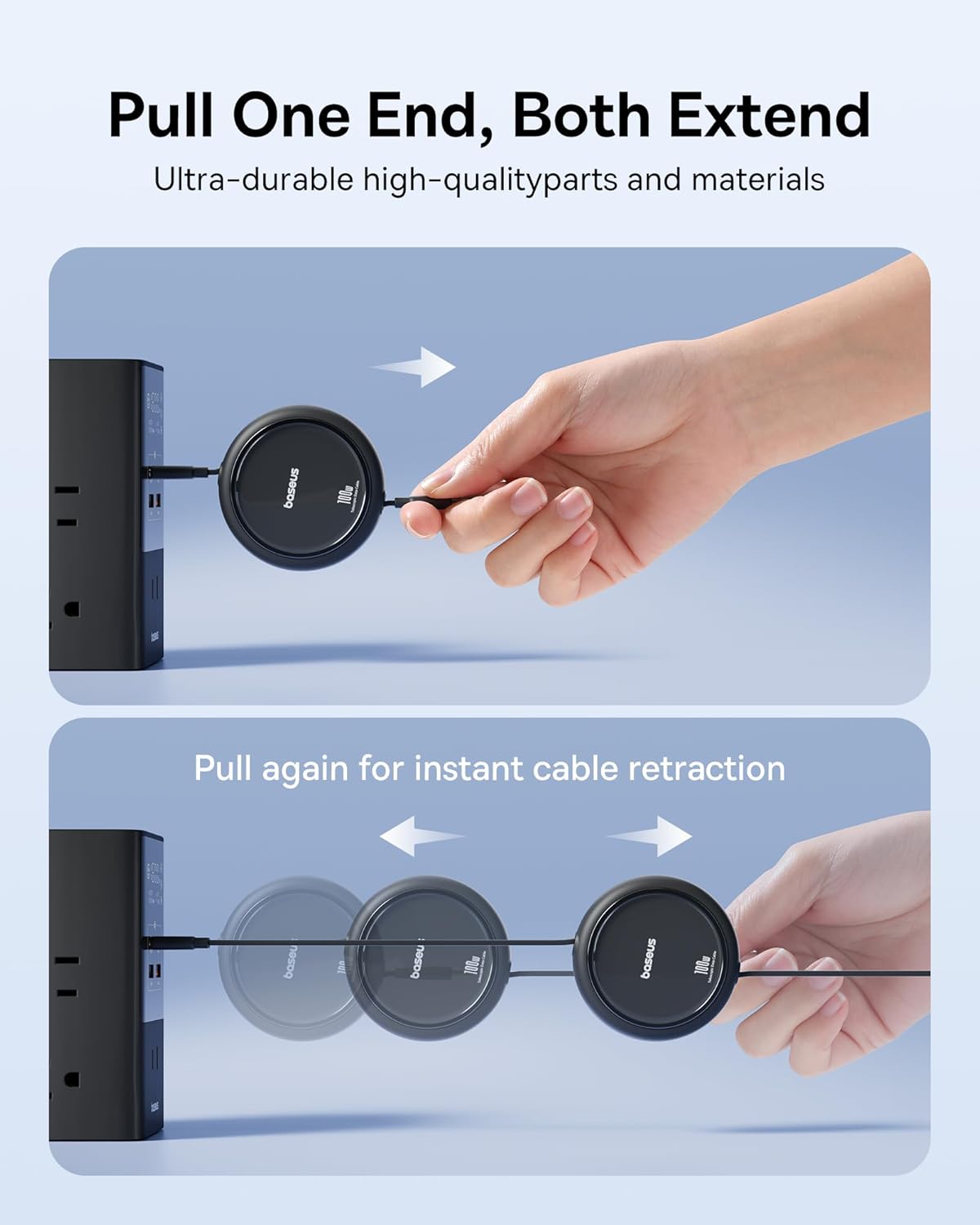 Baseus USB C to USB C Cable, 100W Retractable USB C 5A Fast Charging Cable, 4-Stage Length Preset USB Type C Charger Cord for iPhone 16 15 Pro Plus Pro Max, MacBook, iPad, Samsung S24/S23+ (3.3ft)