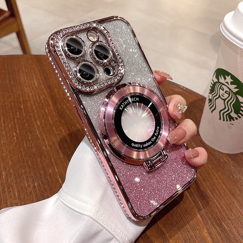 Magnetic Kickstand (Glitter Lens Protector ) Case for iPhone 15 14 13 12 Pro Max (Compatible with Magsafe ) Sparkling Diamond Cover Glitter Shiny Rhinestone Cases (Pink,for iPhone 13 Pro Max)