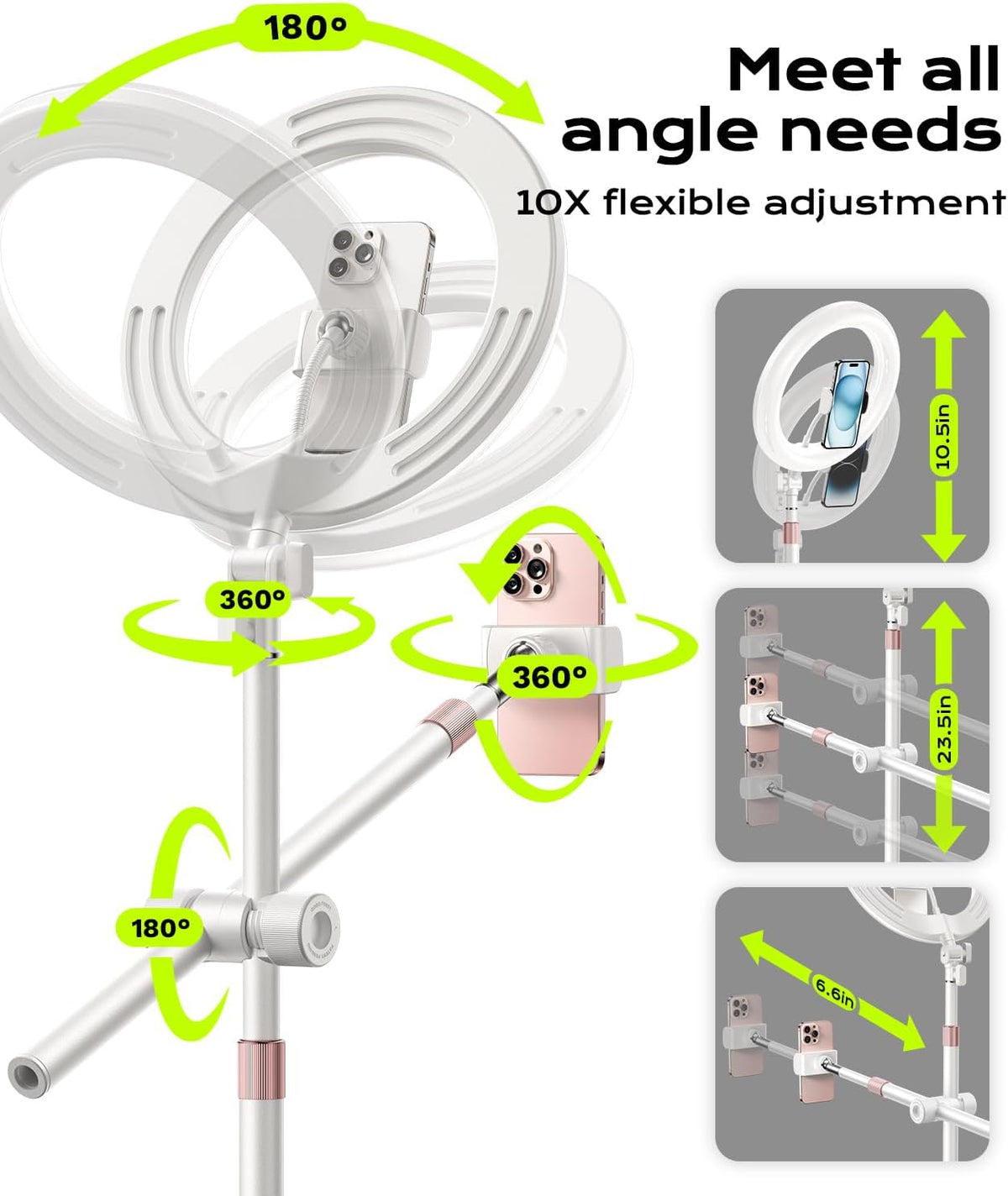 Overhead-Phone-Mount,Stable Overhead-Camera-Mount-Stand [Anti-Shaking] with 10.5" Ring Light, Flexible Desk-Stand for iPhone with Ring-Light for Video-Recording,Zoom Meeting,YouTube,TikTok, White