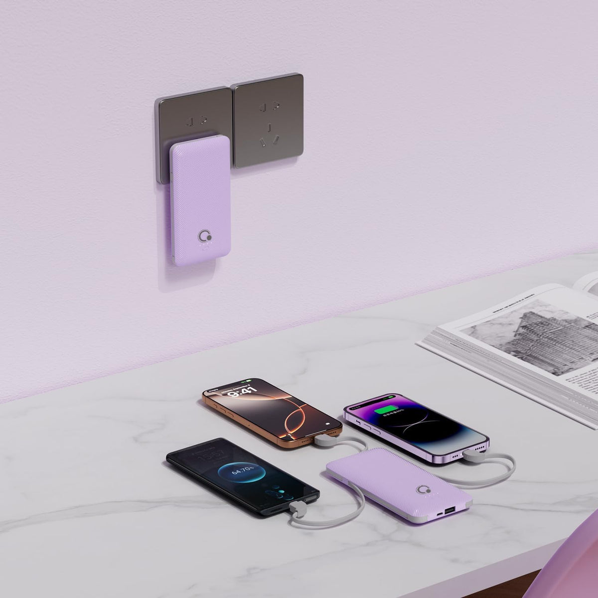 Q 10000mAh Power Bank, Slim Portable Charger,4 Output External Battery Pack with Built-in AC Wall Plug Micro USB C 3 Cables Compatible with iPhone Samsung Android Phone Tablet and More