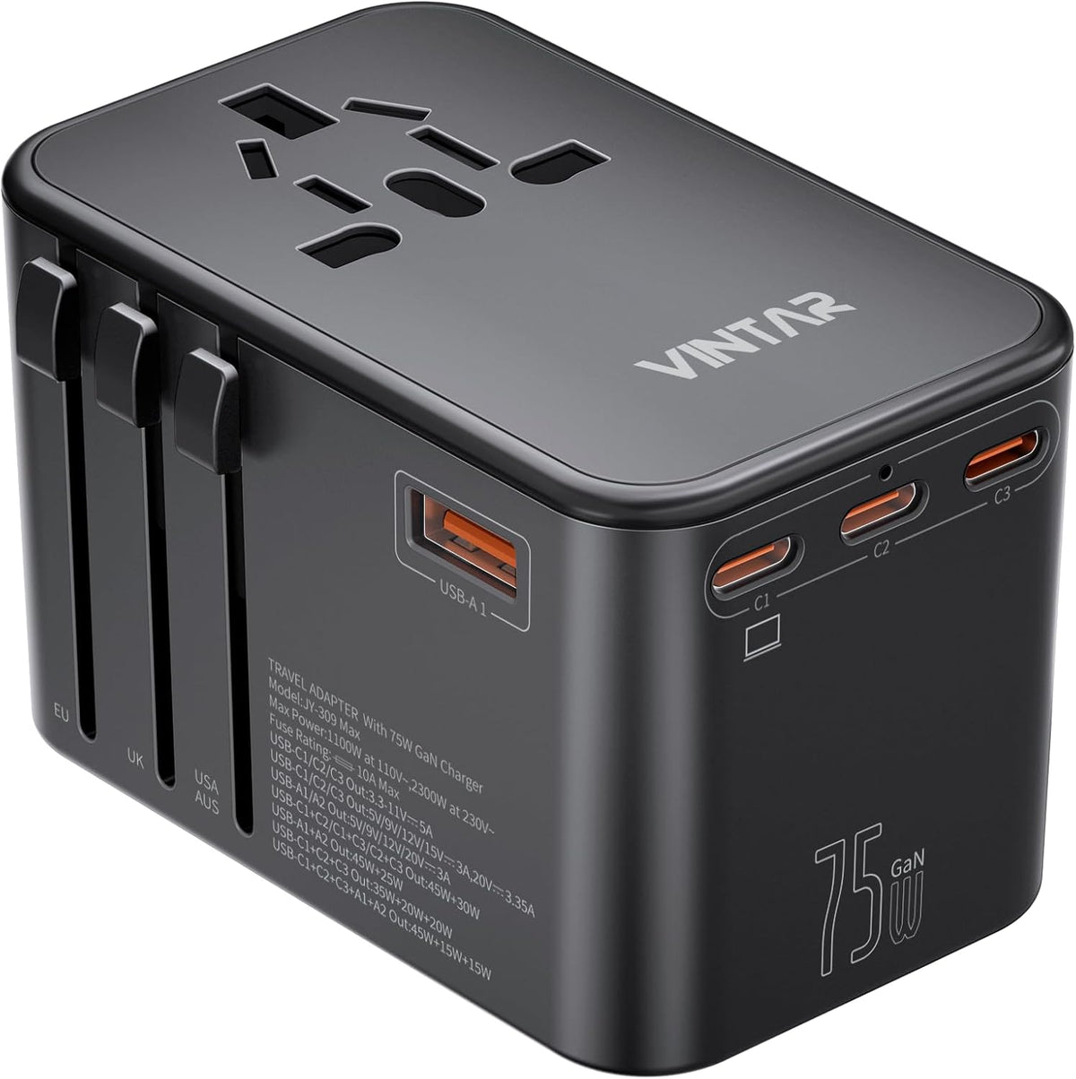 Universal Travel Adapter, VINTAR 75W GaN International Power Adapter with 3 USB C PD and 2 USB A QC, All in One Travel Essentials for UK/EU/USA/AUS, Travel Adapter Worldwide for Laptops Tablets Phones