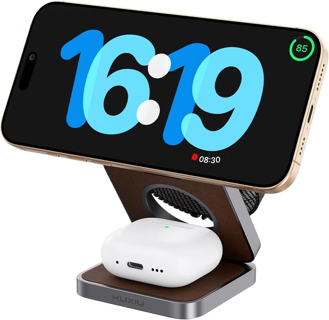 Foldable Magnetic Wireless Charger, KU XIU X40 Aluminum Alloy 3 in 1 Charging Station for Apple, Fast Charging Travel Charger for iPhone 16 15 14 13, 5W for Apple Watch Ultra, AirPods, Leather Texture