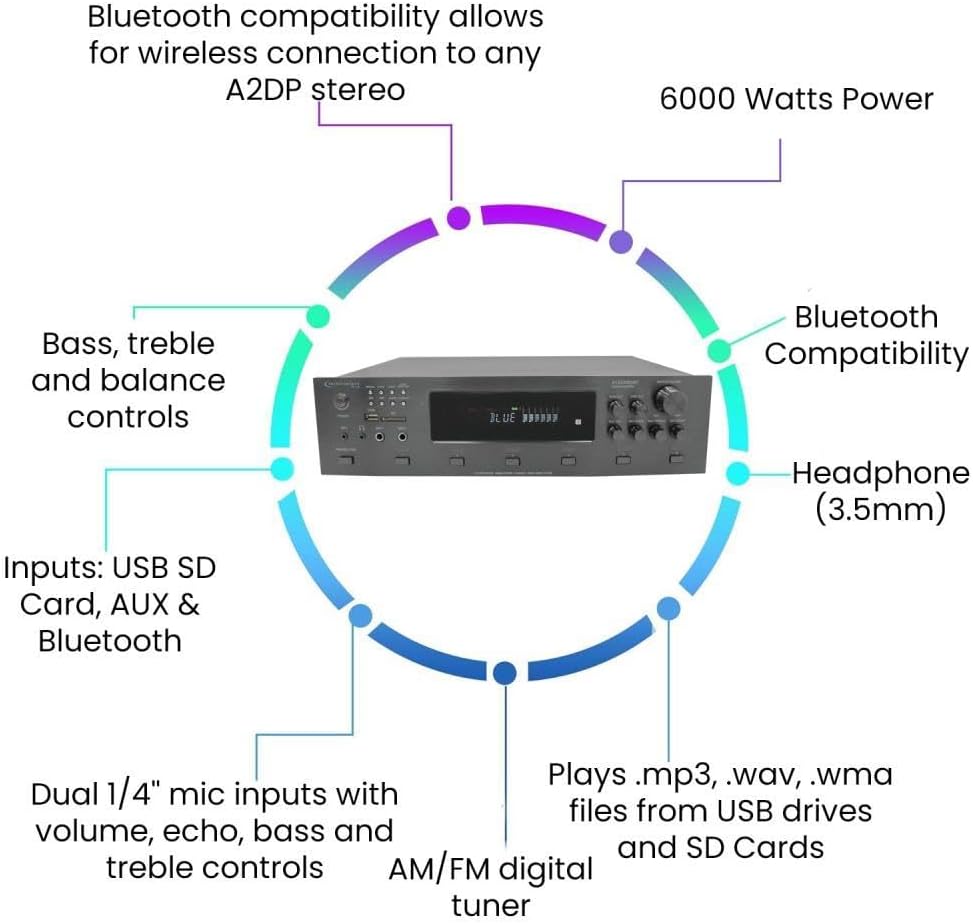 Home Audio System Kit - 6 Channel 6000 W Bluetooth Amplifier w/ 12 Qty of 5.25" Frameless in-Wall in-Ceiling Speakers 175 W Each, 2 Qty of Wired Mic, 500 ft Speaker Wire & Remote by Technical Pro