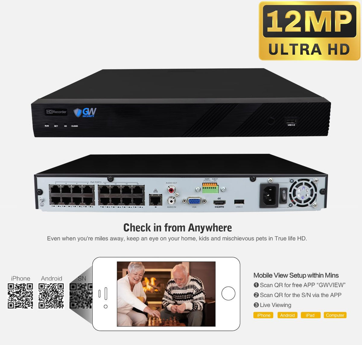 GW Security 16 Channel 4K NVR 5MP Full-Time Color Night Vision Two-Way Audio Security Camera System - 16 x 5MP 1920P Human Vehicle Detection