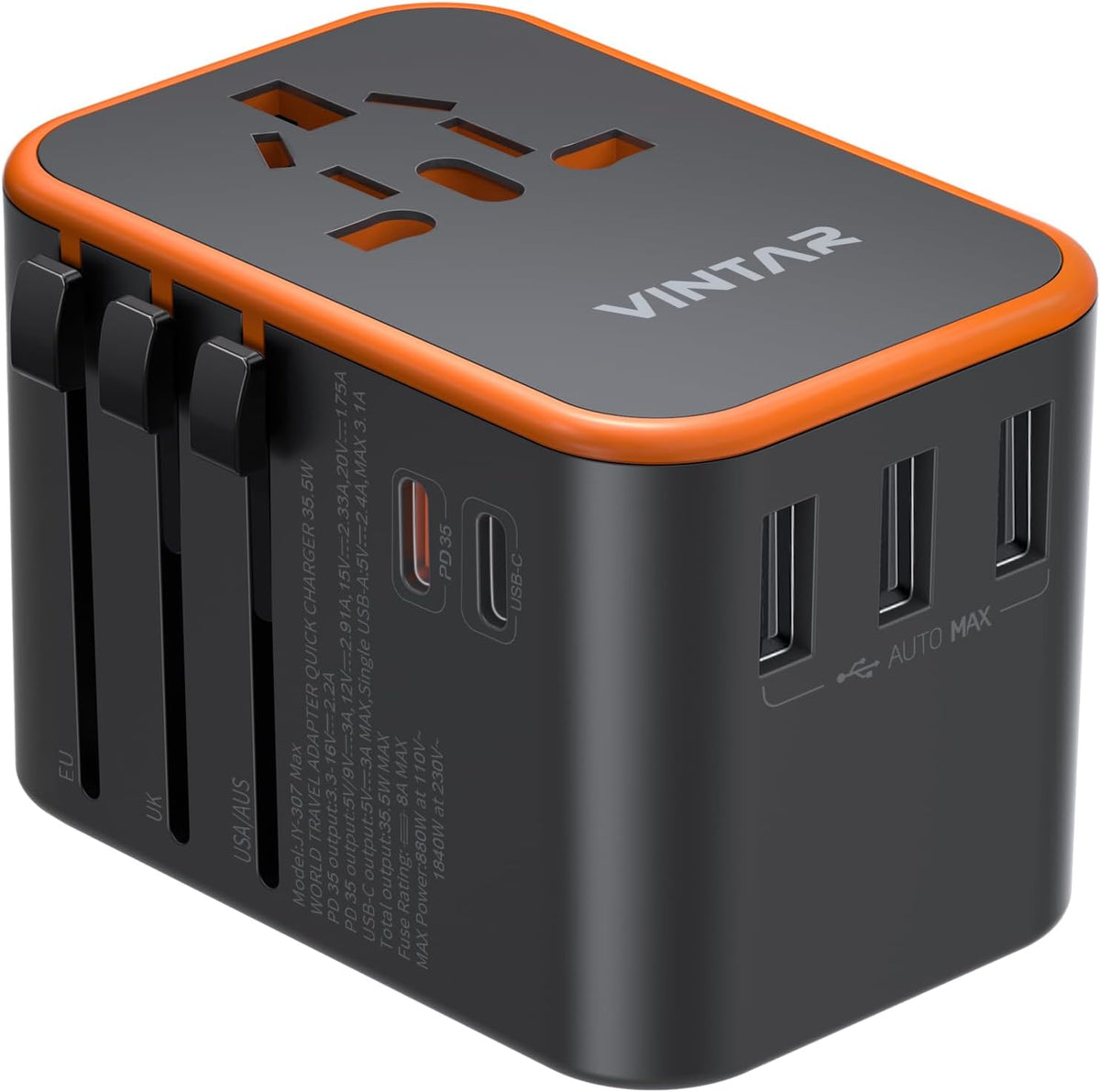 Universal Travel Adapter, VINTAR 35.5W International Power Adapter with 3 USB A QC and 2 USB C PD, All in One Plug Adapter Worldwide Travel Essentials for EU/UK/USA/AUS(Type C/G/A/I), Orange
