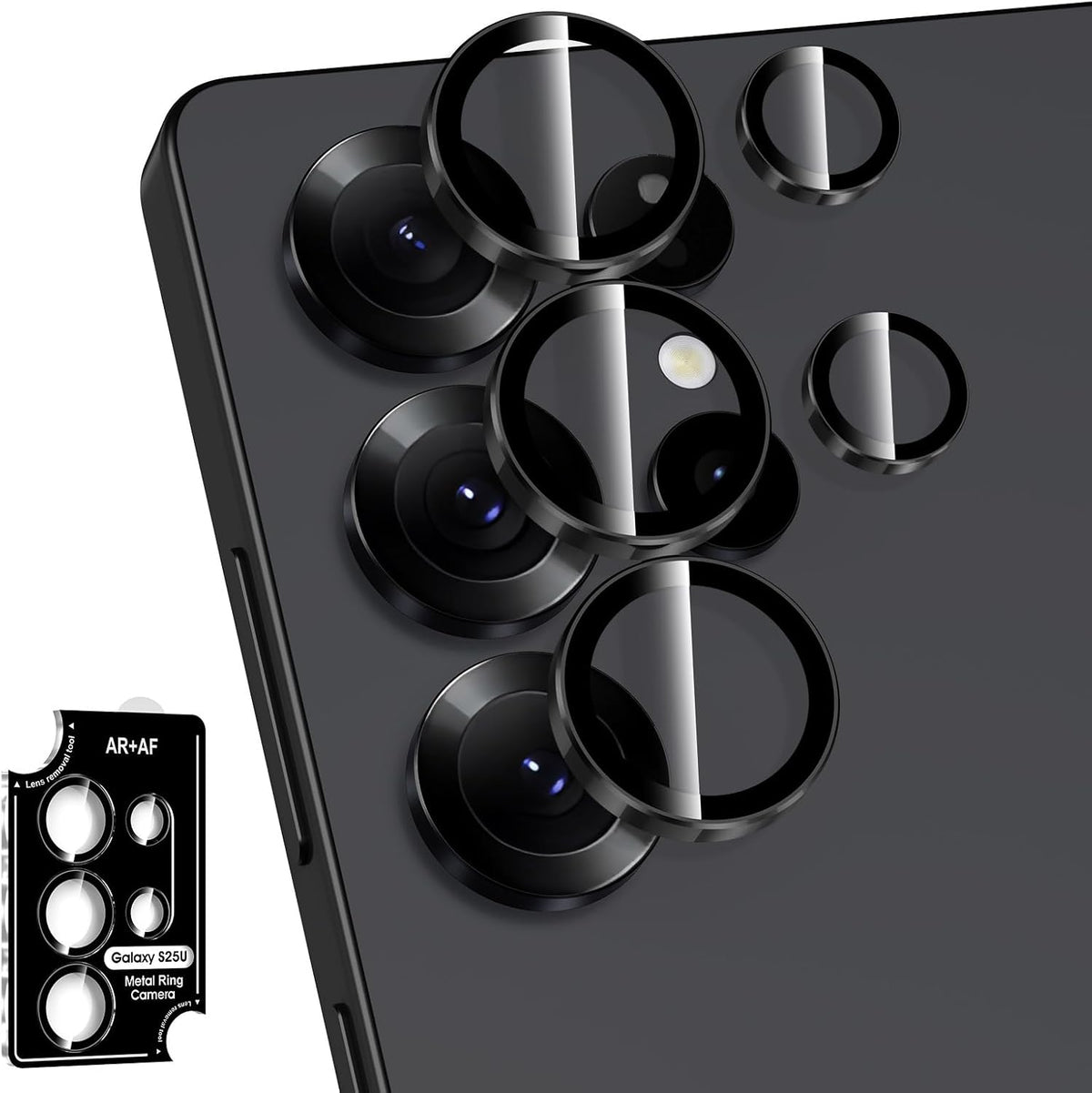 for Samsung Galaxy S25 Ultra Camera Lens Protector, Individual Metal Ring Tempered Glass Lens Cover, [Strong Adsorption] Scratch Resistant Ultra-Thin HD Clear Lens Cover, 1 Set-Black Ring