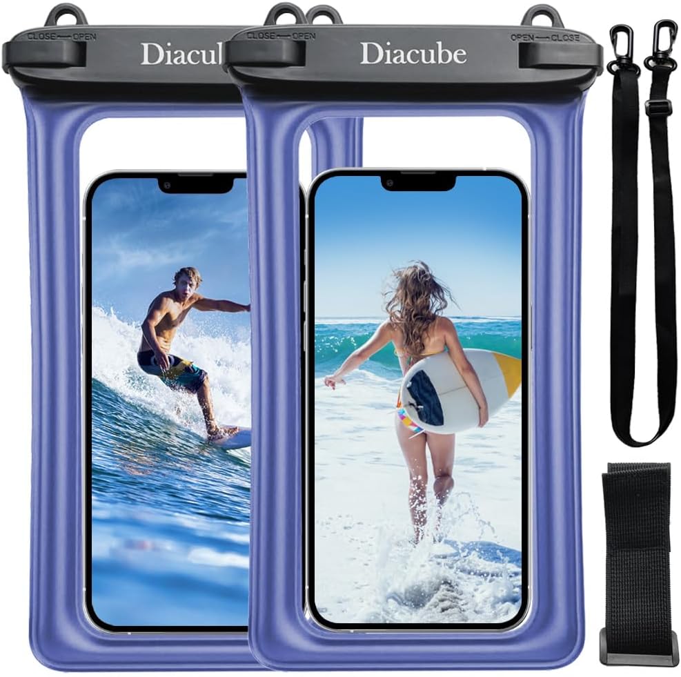 2-Pack Waterproof Phone Pouch, Universal IPX8 Floating Waterproof Case with Adjustable Lanyard for All Phones [Up to 8.3"] Beach, Waterpark & Travel Essentials - Blue