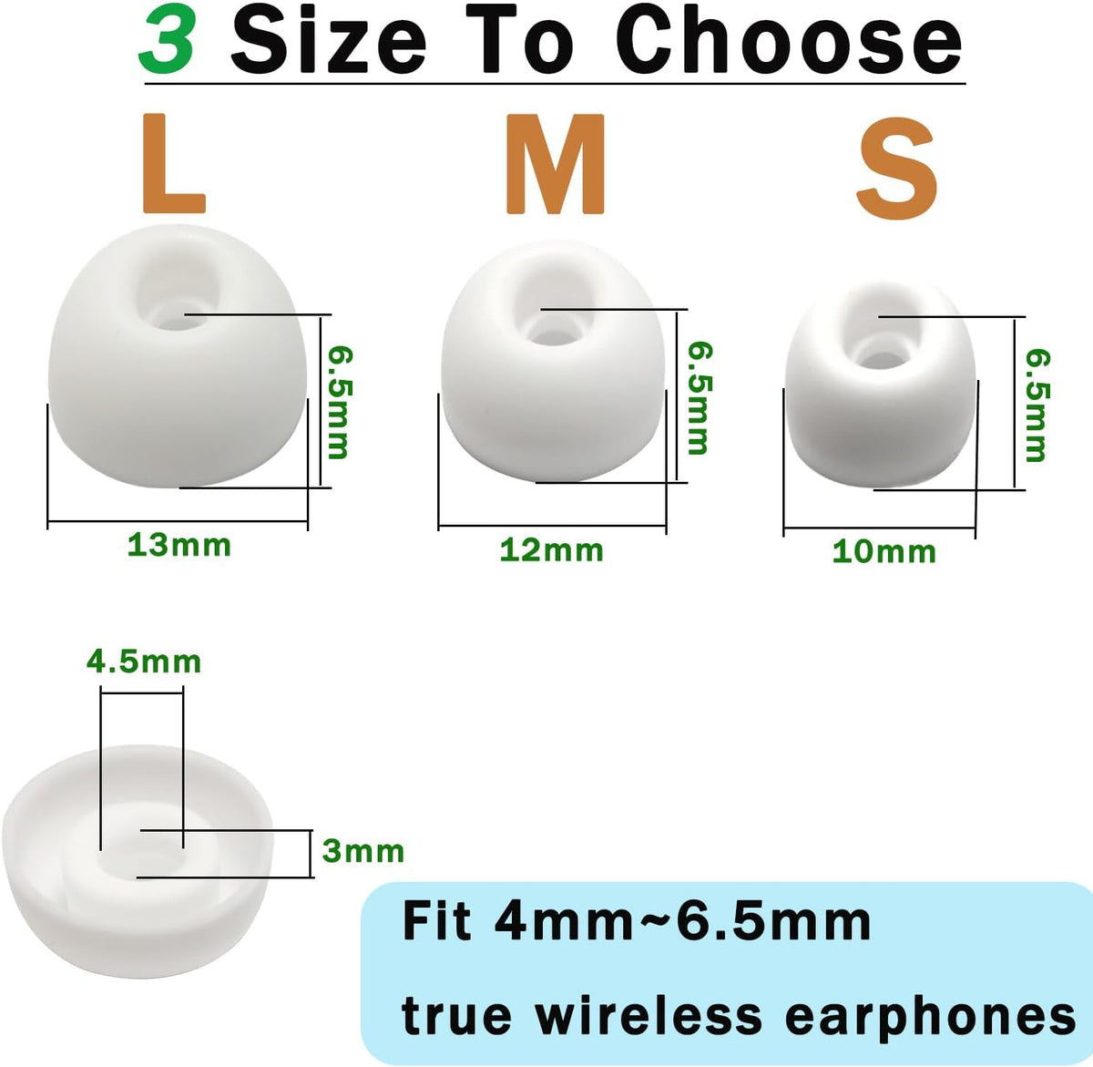Earbuds Tips Replacement Universal Oval Earbuds Tips for True Wireless Earbuds 4.0mm-6mm Nozzle Silicone Replacement Ear Tips 6 Pairs LMS White