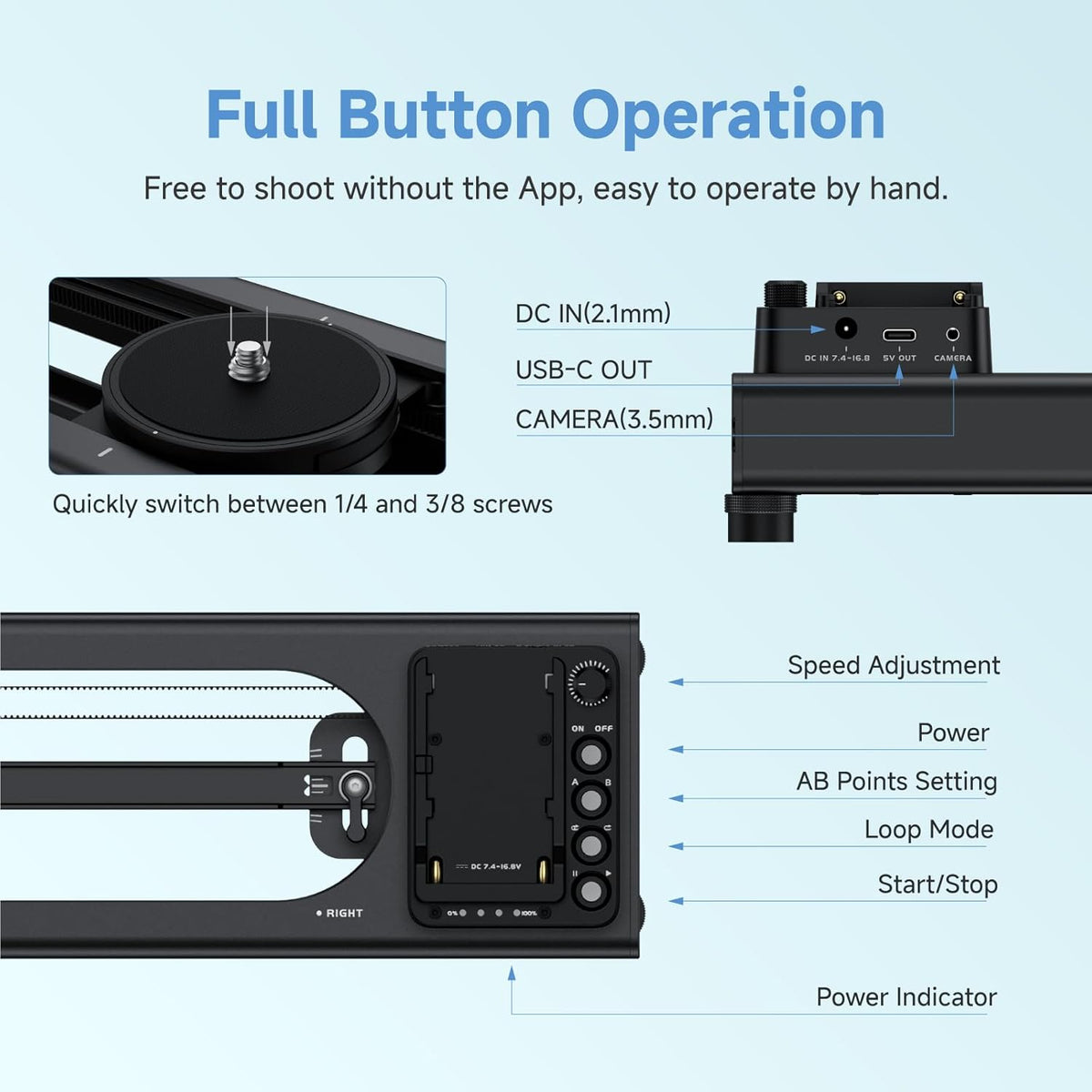 Accsoon Motorized Camera Slider, Adjustable 16''/40 cm Bluetooth Video Slider with Button/APP Control, Time-Lapse/Loop Mode, Speed Knob, 120° Panoramic Shooting, Compatible with DSLR, GoPro, Phone