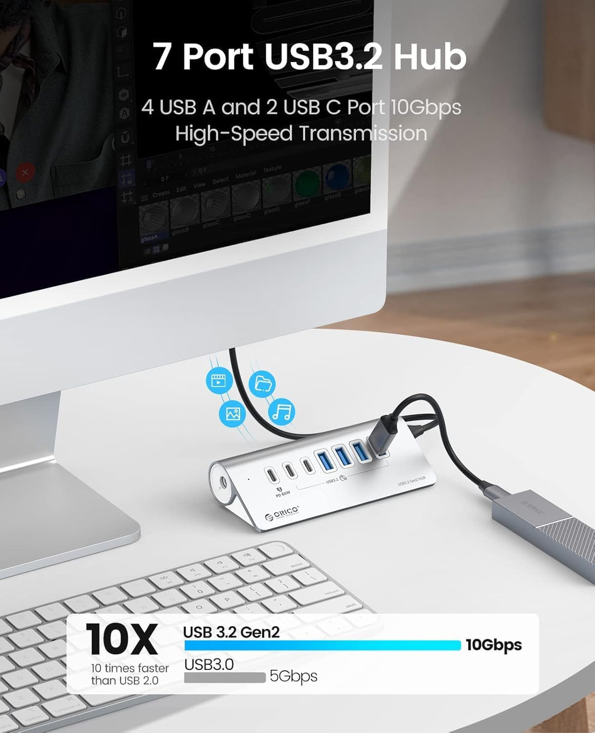 ORICO 7 Port USB Hub 10Gbps, Aluminum USB 3.2 Gen 2 Hub, 6 USB 3.2 Data Ports, 1 PD 60W Ports, 24V 3A Power Adapter, 3.28Ft A to C Cable, USB Data Hub for Laptop