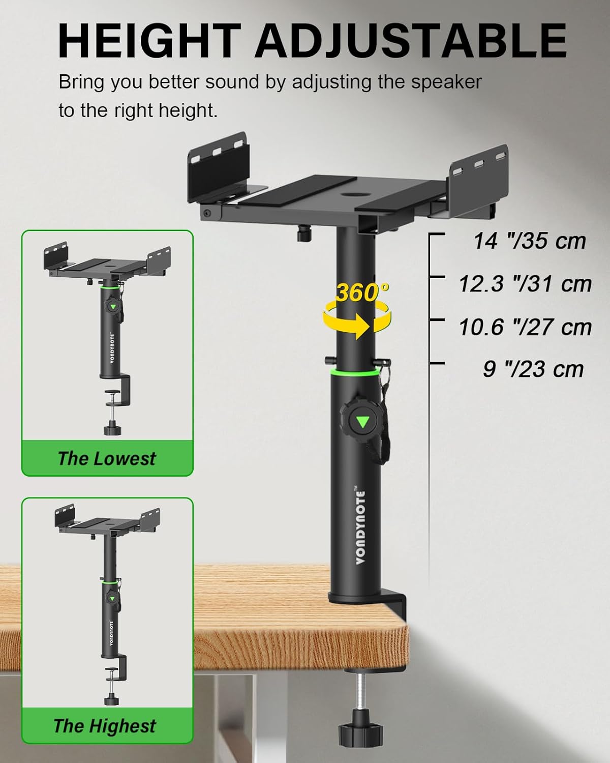 Set of 2 Dual Side Clamping Studio Monitor Stands Short Desktop Clamp Speaker Stands Height Adjustable Extendable Top Plate Mounted by Screws