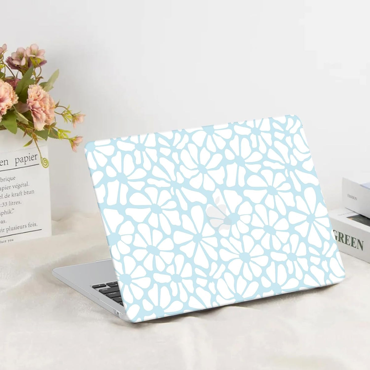 G JGOO Compatible with MacBook Air 13 inch Case 2025 2024 2023 2022 M4 A3240 M3 A3113 M2 A2681, Plastic Hard Shell for MacBook Air 13.6 inch Case + Keyboard Cover + Screen Protector, Blue Flower