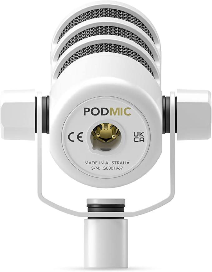 Rode PodMic Cardioid Dynamic Broadcast Microphone (White) with StreamEye Lowpro Mic Boom Arm and Professional Grade XLR Cable