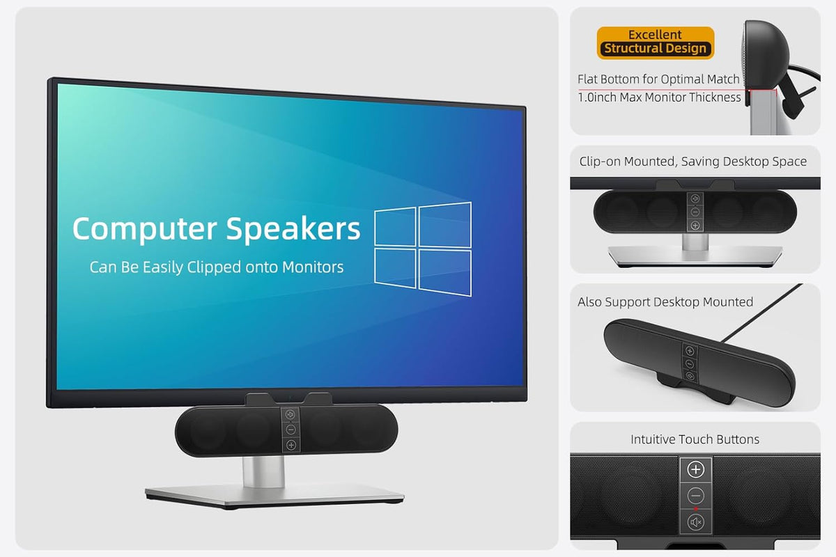 Computer Speakers for Desktop PC Monitor, USB Plug-in, Wired, Computer Soundbar for PC, Laptop Speakers with Adaptive-Channel-Switching, Loud Sound, Deep Bass, USB C Adapter, Easy to Clip on Monitor