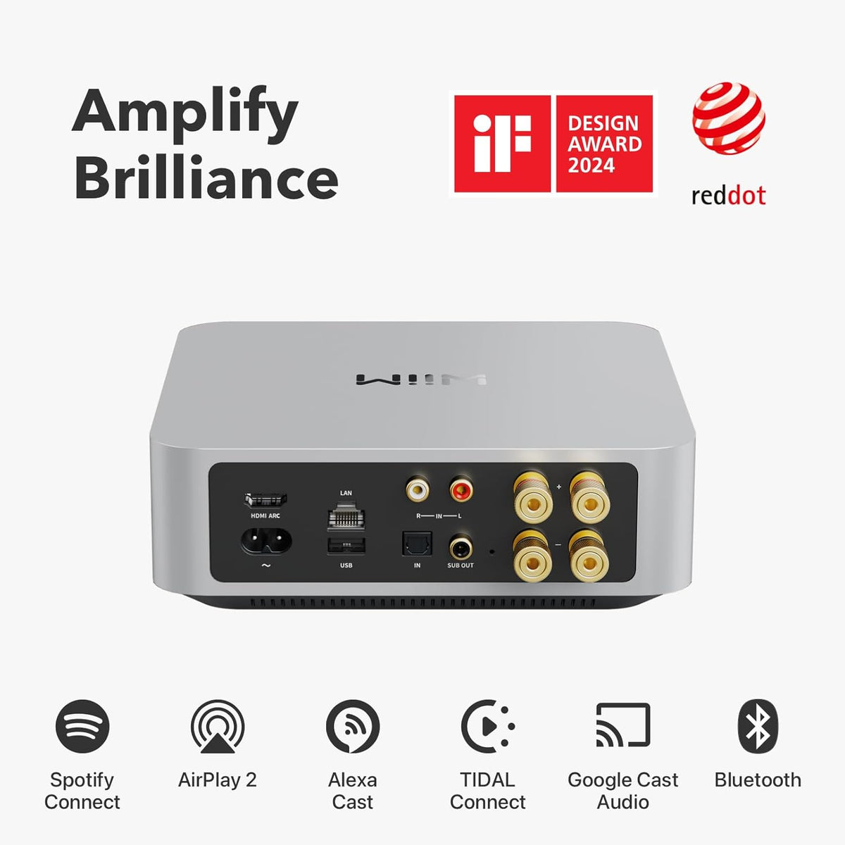 WiiM Amp: Multiroom Streaming Amplifier | Compatible with AirPlay, Google Cast, Alexa | HDMI, Voice Control | Stream from Spotify, Amazon Music, Tidal & More | Silver
