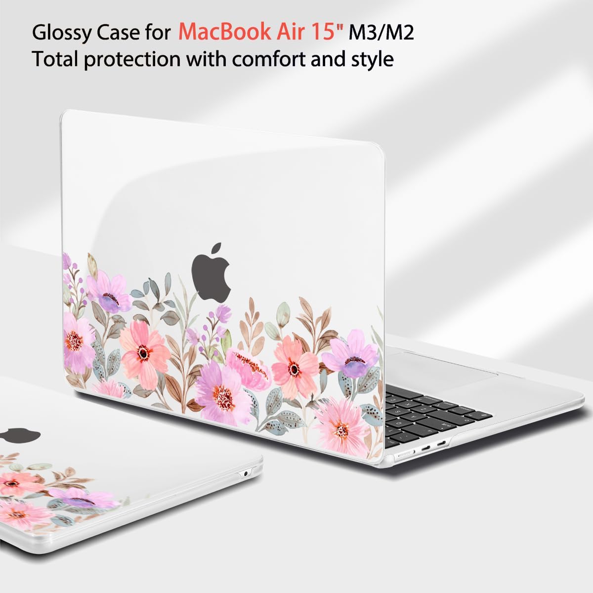 Teryeefi for M4 M3 M2 MacBook Air 15 Inch 2025 2024 2023 Case Model A3241 A3114 A2941 with Liquid Retina Display, Protective Plastic Hard Shell Cover with Keyboard Cover - Pink Flower Garden-A