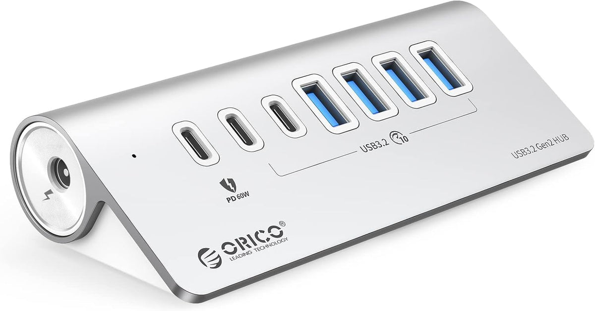 ORICO 7 Port USB Hub 10Gbps, Aluminum USB 3.2 Gen 2 Hub, 6 USB 3.2 Data Ports, 1 PD 60W Ports, 24V 3A Power Adapter, 3.28Ft A to C Cable, USB Data Hub for Laptop