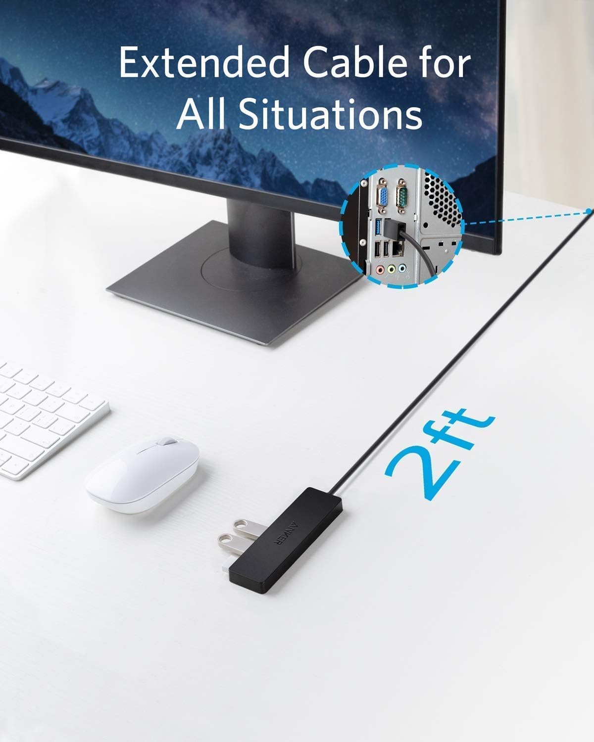 Anker 4-Port USB 3.0 Hub, Ultra-Slim Data USB Hub with 2 ft Extended Cable (Charging Not Supported), for MacBook, Mac Pro, Mac Mini, iMac, Surface Pro, XPS, PC, Flash Drive, Mobile HDD