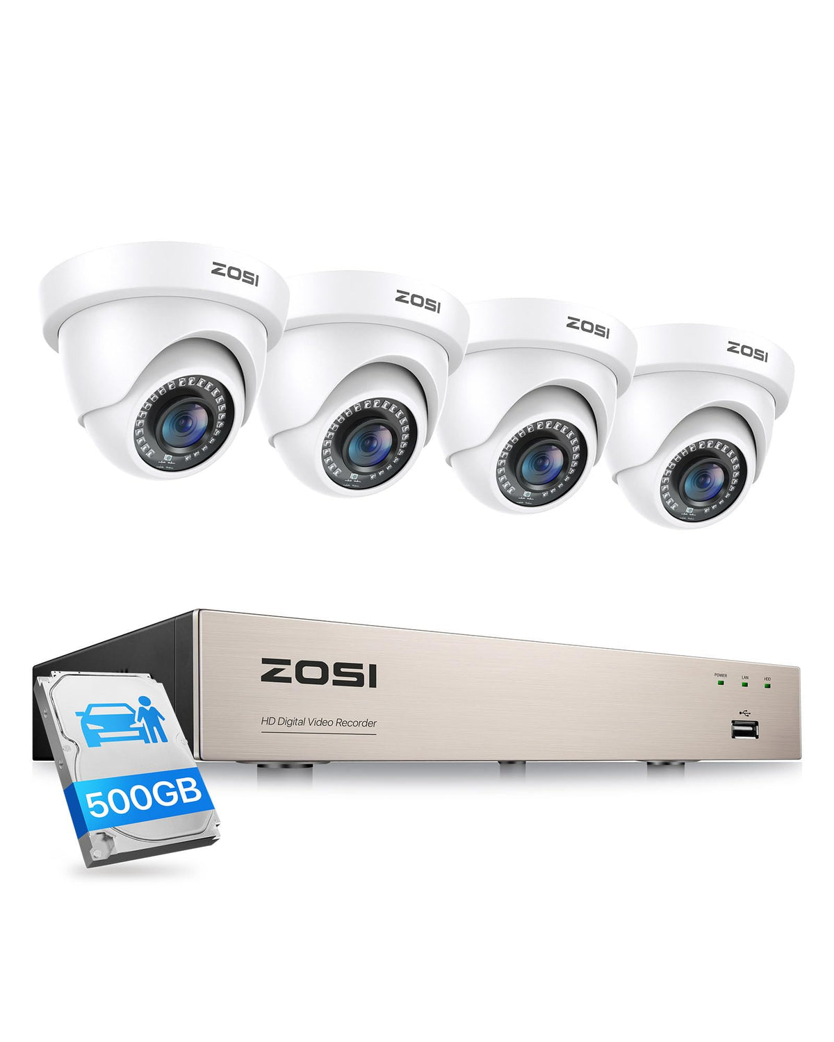 ZOSI Security Camera System 8CH 1080N/720P 4-IN-1 HD-TVI DVR Recorder with (4) 1.0MP 1280TVL Weatherproof Indoor/Outdoor Surveillance Dome Cameras