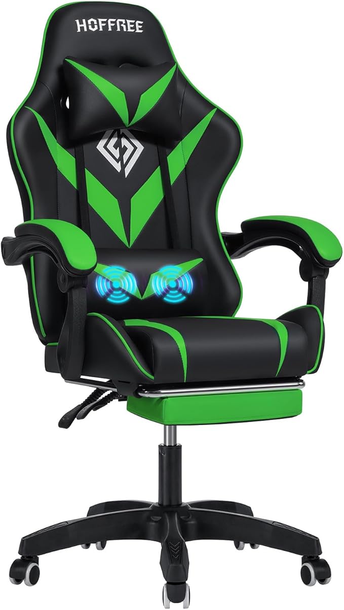 HOFFREE Massage Gaming Chair for Kids Computer Gamer Chair with Footrest and Lumbar Support Reclining PC Game Chair with Headrest for Gaming Room Green and Black