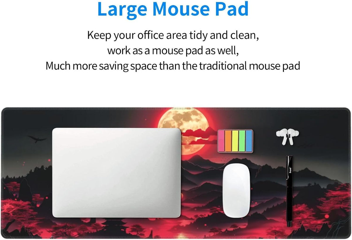 Extended Gaming Mouse Pad, Large Desk Mat XL Anime Mouse Pad Waterproof with Stitched Edges, Non-Slip Desktop Pad for Home and Office, Level Up Your 31.5x11.8 Inch (Darkness Red Moon3)