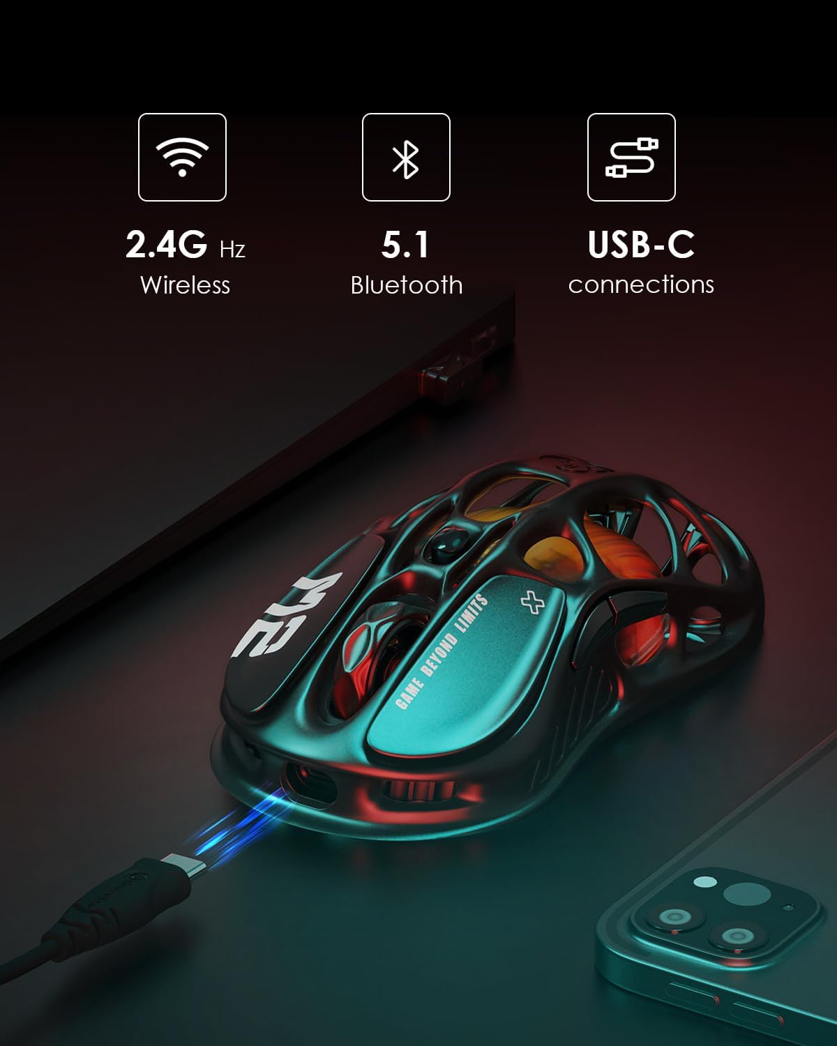 GravaStar Mercury M2 Wireless Gaming Mouse with 26,000 DPI, PAW3395DM Sensor -79g Lightweight Hollowed-Out Design -5 Programmable Buttons -5 Dynamic Lightsync RGB