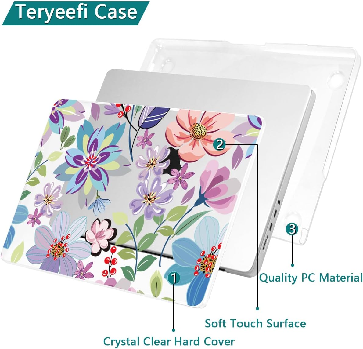 Teryeefi for MacBook Pro 14 inch Case M4 M3 M2 M1 (2025 2024 2022 2021 Release) Model A3112 A3185 A3401 A2918 A2992 A2779 A2442, PC Hard Shell+ Keyboard Cover +Type C Adapter, Pretty Flowers Clear-104