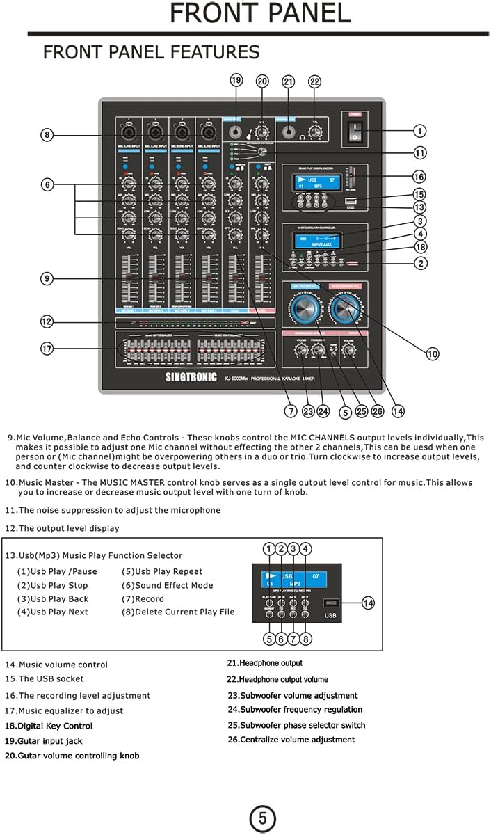 Singtronic KJ-5000Mix Professional Karaoke Console Mixer | HDMI ARC, Optical, Bluetooth, USB Recording, 8-Band EQ, Anti-Feedback, BBE DSP Processor, Rack-Mountable DJ/KJ Mixer