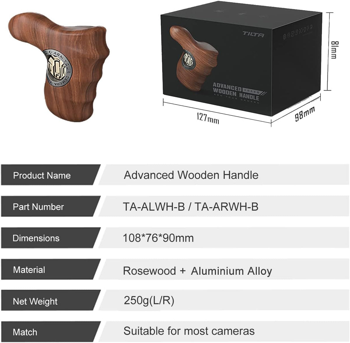 Tilta Advanced Left Side Wooden Handle (ARRI Rosette - Type X) | Black Walnut Wood & Aluminum Alloy Build | Quick Release Button