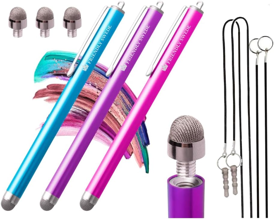 The Friendly Swede Mesh Tip Stylus Pen for Touchscreen — 3-Pack Micro-Knit Capacitive Stylus Pen for iPad & iPhone with 3 Replaceable Fiber Tips, Elastic Lanyards & Screen Cleaning Cloth