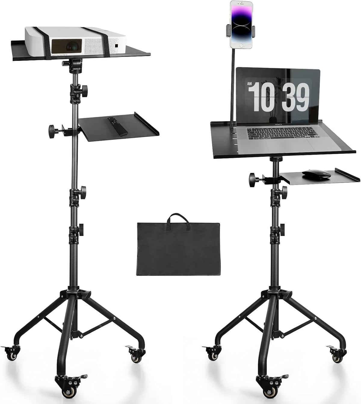 Portable Laptop & Projector Stand with Phone Holder and Mouse Tray ，Adjustable Height Tripod Stand for Laptop, Projector, DJ, Sheet Music，Black