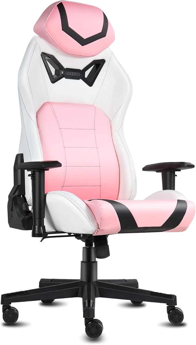 DIKEP Gaming Chair Video Game Chair with Footrest Lumbar Support Headrest PU Leather High Back Computer Chair for Home Office Pink White