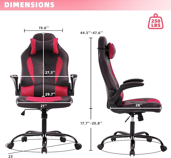 Video Gaming ChairErgonomic Computer Office Desk Chair with Lumbar Support Flip Up Arms Adjustable Height Swivel PU Leather Executive with Wheels for Kids Adults Women Men Gaming Home Office(Red)