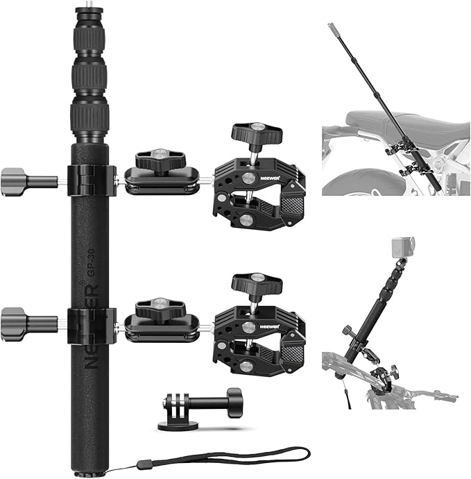 NEEWER Motorcycle Camera Mount Kit, Bicycle Handlebar Invisible Selfie Stick with Dual Ball Heads, Super Clamps, Action Camera Adapter Compatible with GoPro Insta360 DJI AKASO Action Cameras, GP-30