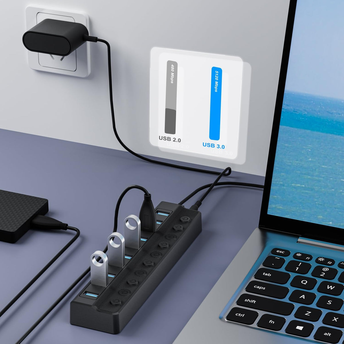 Powered USB Hub 3.0, 10-Port USB Splitter Hub with Individual On/Off Switches and 12V/2A Power Adapter USB Extension