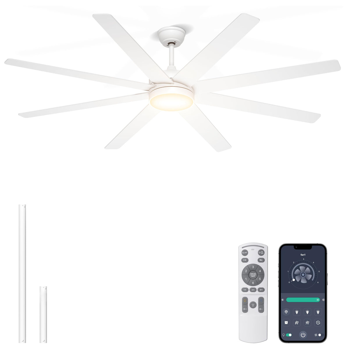Phylluz 72 Inch Large Ceiling Fans with Lights, 8 Blades White Ceiling Fan Remote/APP Control, Dimmable, Reversible Big Ceiling