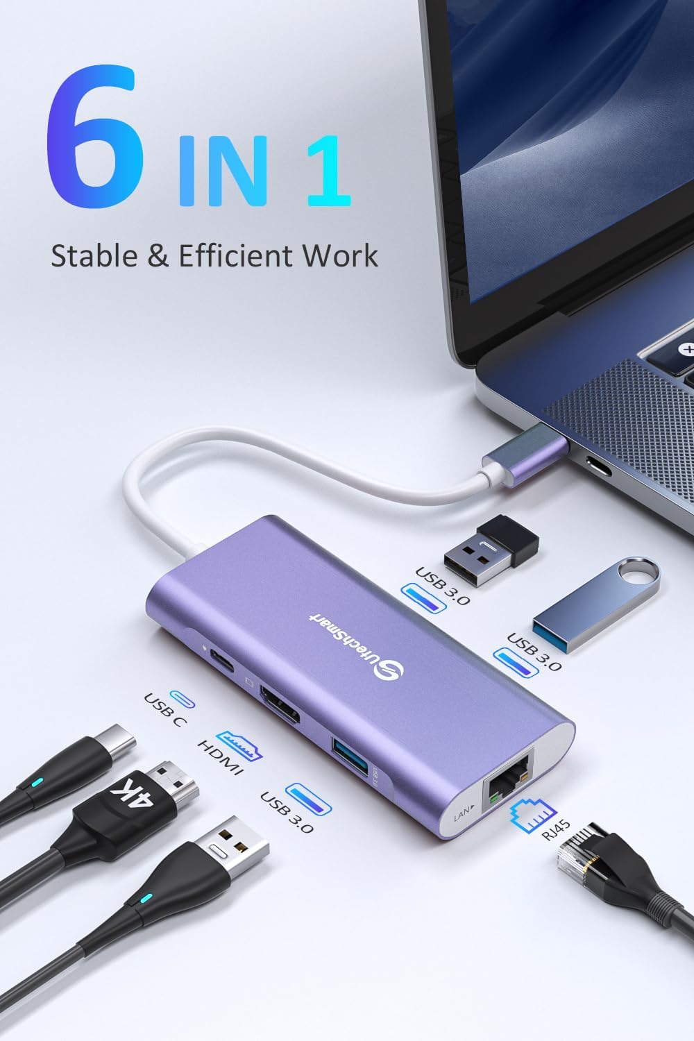 UtechSmart USB C Hub, Ethernet Multiport Adapter 6 In 1 USB C to HDMI Dock Compatible for Macbook Pro/Air, Chromebook, Dell XPS, HP and Type C Devices (Gigabit Ethernet 100W PD 4K HDMI USB 3.0) Purple