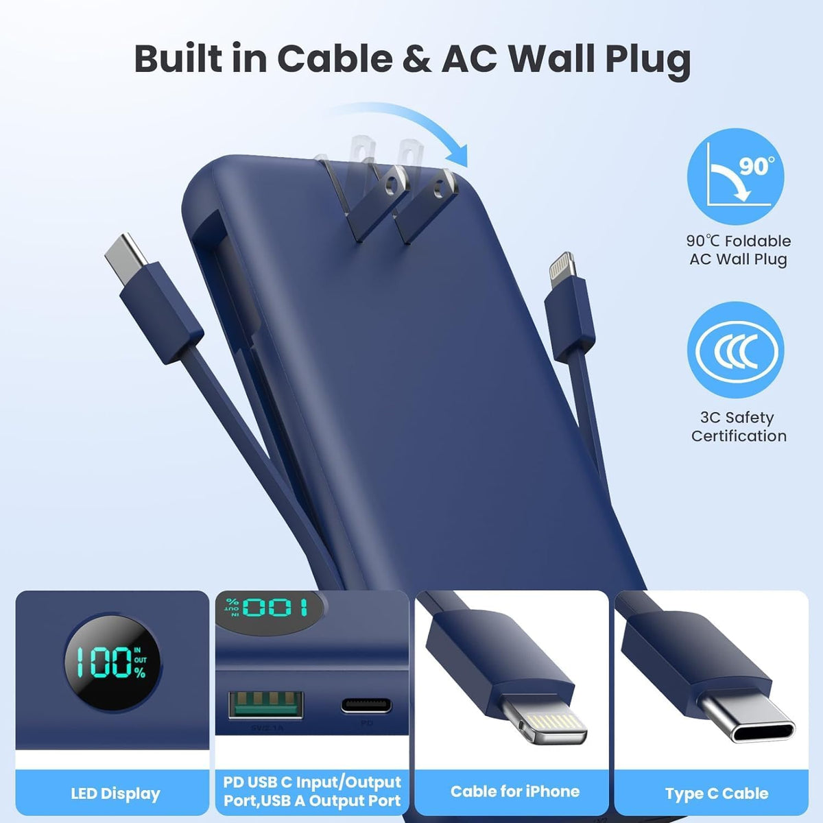 Portable Charger 13800mAh Slim USB C Power Bank with Built in Cables and Wall Plug,LCD Display Lightweight Travel Battery Pack,PD Fast Charging Compatible with iPhone 15,14,Samsung Android-Navy