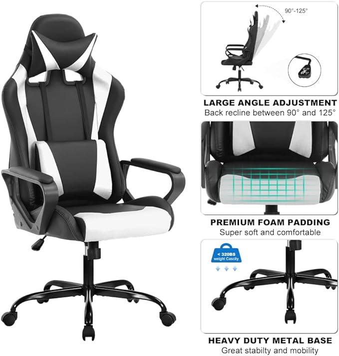 Ergonomic Gaming Chair High Back PU Leather Office Chair with Adjustable Lumbar Support &amp Headrest – Swivel Computer Desk Chair for Adults Teens Kids – Heavy Duty Executive Red Game Chair - Whi
