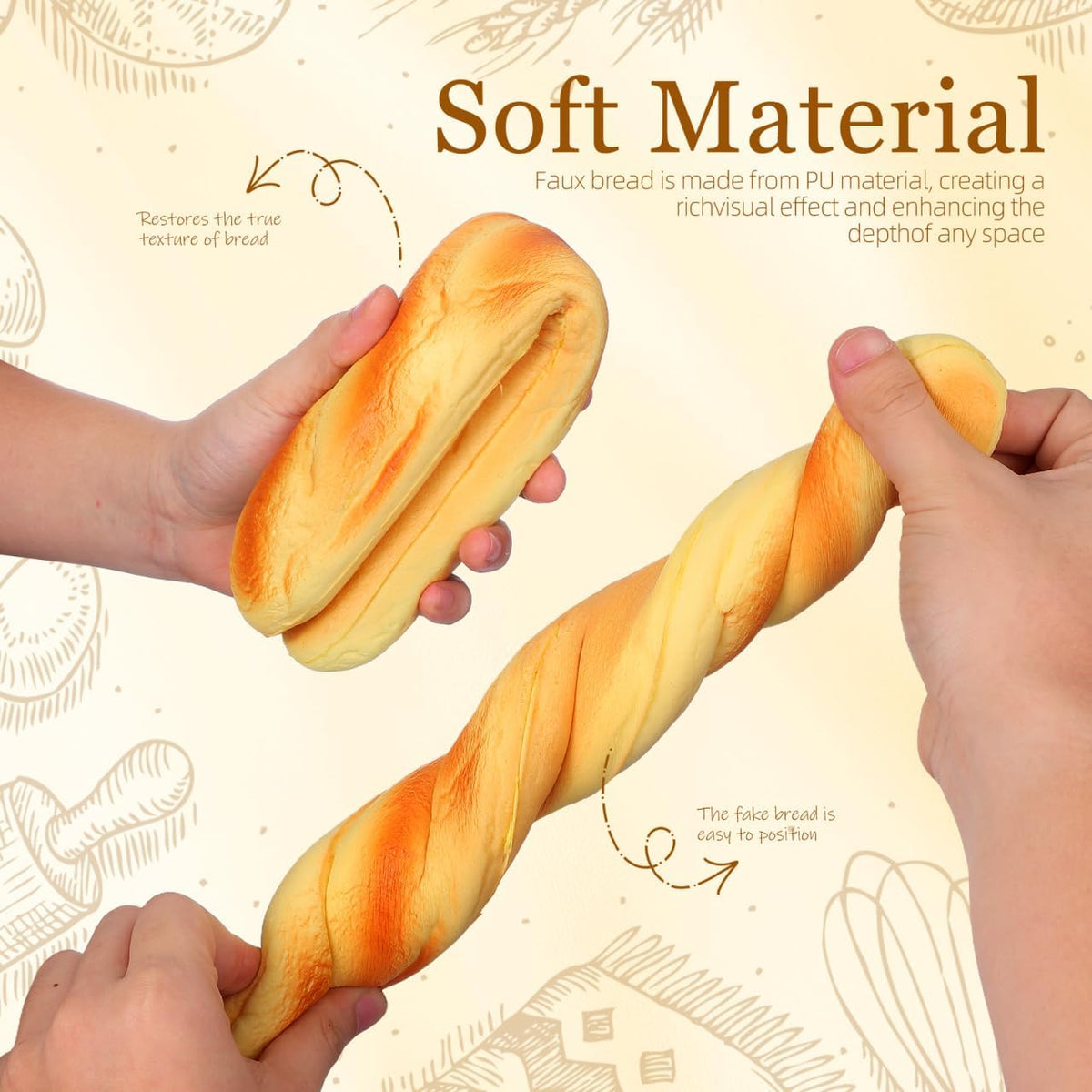 2PCS 13.6" Homoyoyo Realistic Fake Bread Long Artificial French Bread Loaves Soft Squishy PU Golden Color - Fake Food