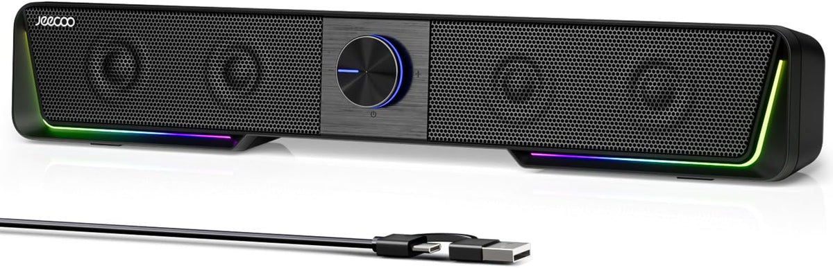Jeecoo A40 Bluetooth Computer Speakers with Clear Sound, USB Plug & Play PC Speakers with LED Light, Computer Sound Bar with Switch Button for Desktop Laptop Monitor (USB-C Adapter Included)