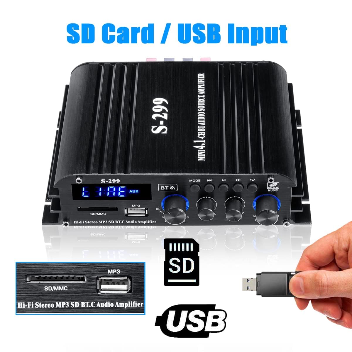 4.1 Channel Bluetooth 5.0 Mini Audio Amplifier Receiver, 4×50 W + Active Subwoofer SUB Jack Output – Hi‑Fi Car & Home Amplifier for Speaker