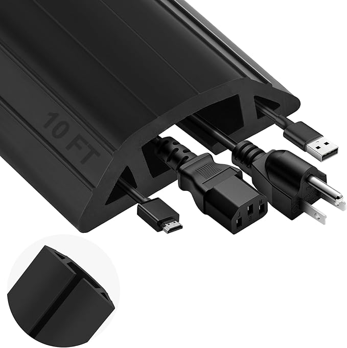 MYFAMIREA 10FT Floor Cord Cover Heavy Duty Cable Cover Protector 3 Channels Extension PVC Floor Wire Cover Outdoor Cord Hider Management Cord Cover for Wire on Floor for Home Office Outdoor, Black