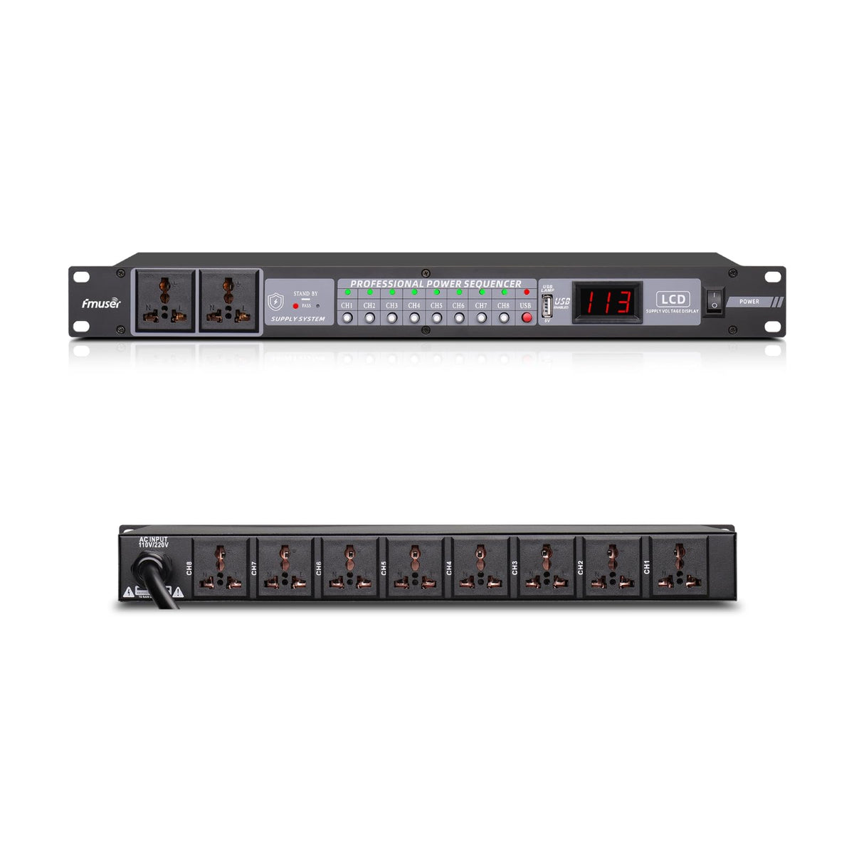 FMUSER 10-Outlet Power Sequencer Conditioner, 3000W Rack Power Conditioner with Independent Power Switch Surge Protector LCD Dis